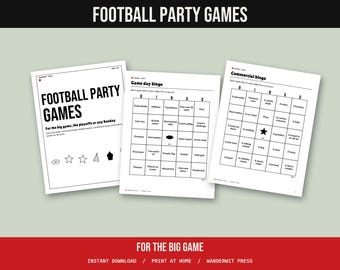 Football Party Games Printable, Game Day Bingo, Commercial Bingo, Football Squares, Predictions, Snack Labels, Big Game