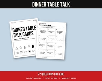 Dinner Table Conversation Cards for Kids, 72 Question Cards, Family Dinner Game, Car Ride Questions, Ages 4 to 12