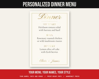 Personalized Wedding Menu Card, Custom Dinner Menu With Names, Gold Foil, Arch or Minimal, Printable 4x9 and 5x7 Menu