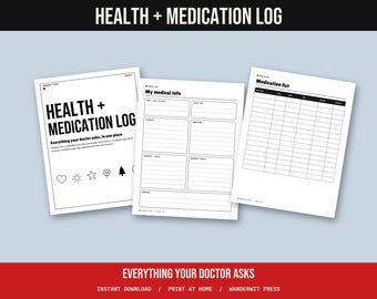 Medication Log Printable, Health Tracker, Pill Tracker, Symptom Log, Blood Pressure Log, Blood Sugar Log, Medical Binder