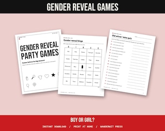 Gender Reveal Party Games Printable, Gender Reveal Bingo, Old Wives Tales Quiz, Prediction Cards, Team Boy Team Girl Votes