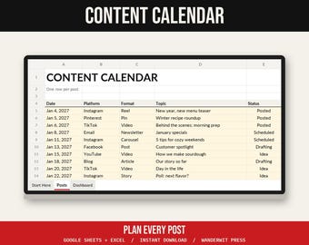 Social Media Content Calendar Spreadsheet, Google Sheets Excel, Instagram TikTok Planner, Content Planner, Post Tracker