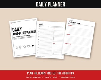 Daily Planner Printable, Time Blocking Planner, Hourly Schedule, Top 3 Priorities, To Do List, Undated Daily Pages