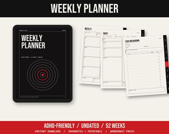 ADHD Planner Printable and Digital, Undated Weekly Planner, Brain Dump, Task Breakdown, Habit Tracker, Productivity Planner, Instant PDF