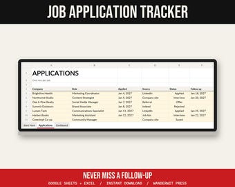 Job Application Tracker Spreadsheet, Job Search Organizer, Google Sheets Excel, Interview Tracker, Follow Up Reminders