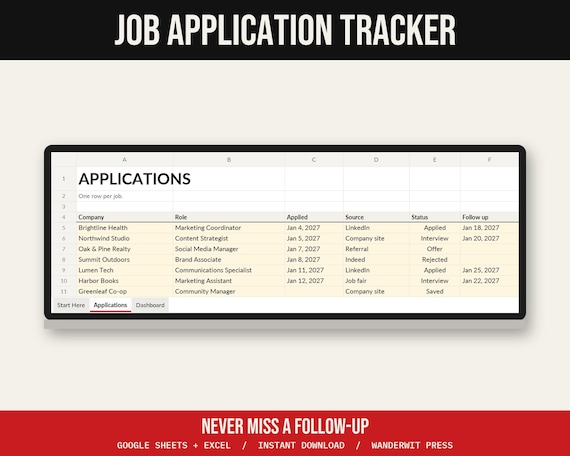 Job Application Tracker Spreadsheet, Job Search Organizer, Google Sheets Excel, Interview Tracker, Follow Up Reminders