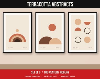 Terracotta Abstract Wall Art Set of 6, Mid Century Modern Prints, Boho Printable Wall Art, Arches Sun Waves, Instant Download