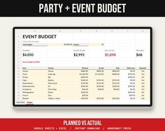Party Budget Spreadsheet, Event Budget Planner, Birthday Shower Reunion Budget, Google Sheets Excel, Cost Per Guest