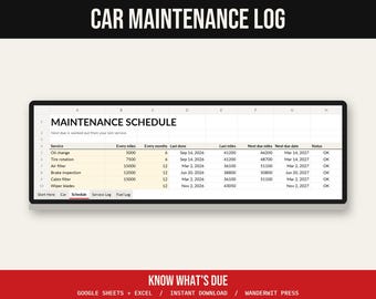 Car Maintenance Log Spreadsheet, Vehicle Service Tracker, Fuel Log MPG, Google Sheets Excel, Oil Change Reminder