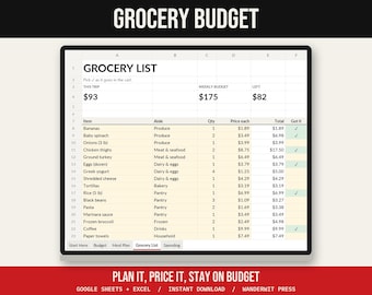 Kalkylblad för matbudget, måltidsplanerare, mall för inköpslista, Google Sheets Excel, matbudgetspårare, veckovis måltidsplan