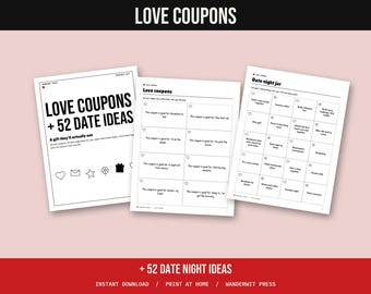 Love Coupons Printable, Date Night Jar Ideas, Open When Letters, Valentines Gift for Him or Her, Anniversary Gift