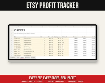Etsy säljarkalkylblad, Etsy butiksvinstspårare, Etsy avgiftskalkylator, orderspårare, Google Sheets Excel, säljarens ekonomi