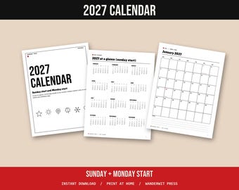 2027 Printable Calendar, Monthly Wall Calendar, Sunday and Monday Start, Holidays Marked, Year at a Glance, Instant PDF
