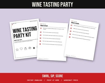 Può includere: Un kit per feste di degustazione di vini composto da tre pagine bianche stampate con testo nero. Le pagine includono istruzioni intitolate How to host e How to taste, insieme a un elenco di elementi come schede di valutazione ed etichette.
