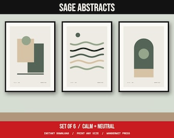 Sage Green Abstract Wall Art Set of 6, Mid Century Modern Prints, Neutral Printable Art, Minimalist Shapes, Instant Download