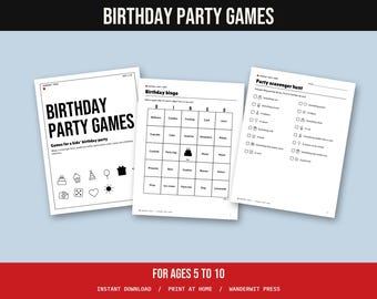 Kids Birthday Party Games Printable, Birthday Bingo, Scavenger Hunt, Would You Rather, Action Cards, Mazes, Ages 5 to 10