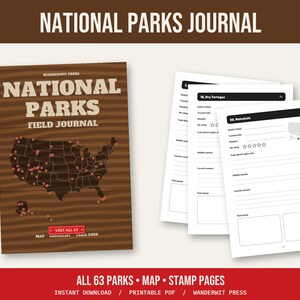 May include: A National Parks Field Journal with a brown wood-grain cover featuring a map of the United States with red dots, and interior pages with fields for park names, dates, weather, ratings, and stamps for tracking park visits.