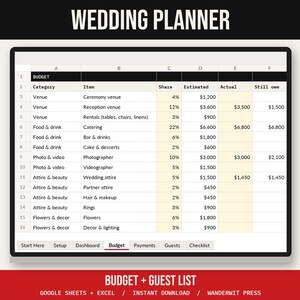 Wedding Budget Spreadsheet and Guest List Tracker for Google Sheets and Excel, RSVP Tracker, Wedding Checklist, Payment Planner