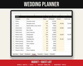 Wedding Budget Spreadsheet and Guest List Tracker for Google Sheets and Excel, RSVP Tracker, Wedding Checklist, Payment Planner