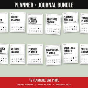 Printable Planner Bundle, Budget, Meal, Fitness, Cleaning, Travel, Habit Tracker, Gratitude Journal, Undated