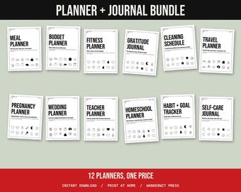 Printable Planner Bundle, Budget, Meal, Fitness, Cleaning, Travel, Habit Tracker, Gratitude Journal, Undated