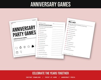 Può includere: Tre fogli di carta bianca con testo e grafica neri per giochi da festa di anniversario. Le pagine includono titoli come Anniversary Party Games, How well do you know the couple? e Who's who?, con elenchi di domande e righe vuote.