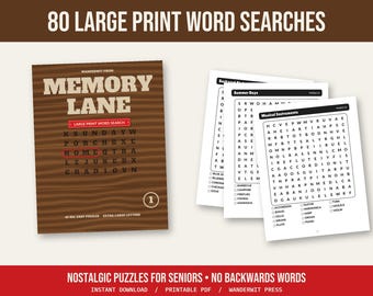 Large Print Word Search for Seniors Printable, 80 Nostalgic Puzzles, Senior Activities, Elderly Brain Games, Activity Director Printable