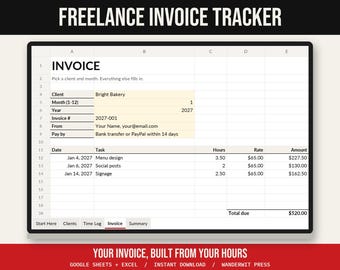 Freelance Time Tracker and Invoice Template Spreadsheet, Google Sheets Excel, Hours by Client, Self Employed Invoice