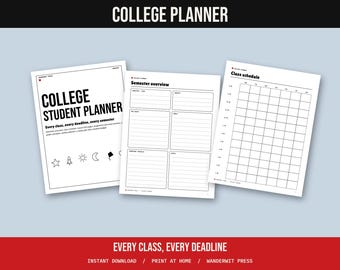 College Student Planner Printable, Class Schedule, Assignment Tracker, Exam Tracker, Grade Calculator, Undated Semester