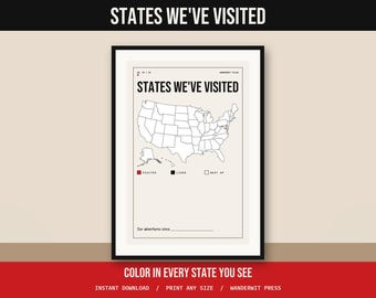 States Visited Map Printable, USA Travel Map to Color In, Road Trip Tracker, 50 States Poster, Family Travel Gift