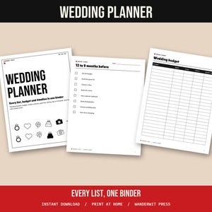 May include: Three white pages of a wedding planner with black text and icons. The first page features the title Wedding Planner, the second page lists tasks for 12 to 9 months before, and the third page shows a table for a wedding budget.