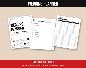 Wedding Planner Printable, Wedding Checklist Timeline, Budget, Vendor Contacts, Guest List, Day of Timeline, Shot List