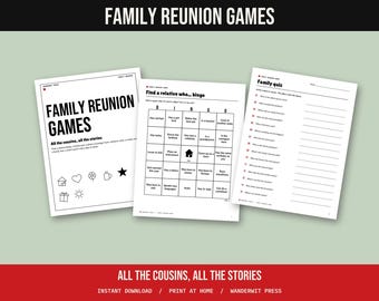 Può includere: Tre fogli di carta bianca con testo e grafica neri per giochi di riunione di famiglia. Le pagine includono un frontespizio, una cartella di bingo intitolata Find a relative who... bingo e una pagina di quiz familiare con righe.