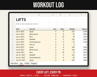 Workout Log Spreadsheet, Strength Training Tracker, Gym Progress, Cardio Log, Google Sheets Excel, Lifting Tracker