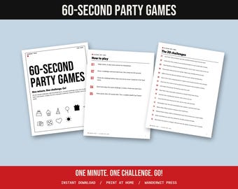 Può includere: Tre pagine bianche di 60-Second Party Games con testo e icone in nero. Le pagine mostrano il titolo, le istruzioni di gioco e un elenco numerato di 20 sfide. Il design presenta semplici icone a linee nere tra cui una torta, un cupcake, un cappellino da festa, un palloncino, un regalo, una fotocamera, un dado, un cuore e un sole.