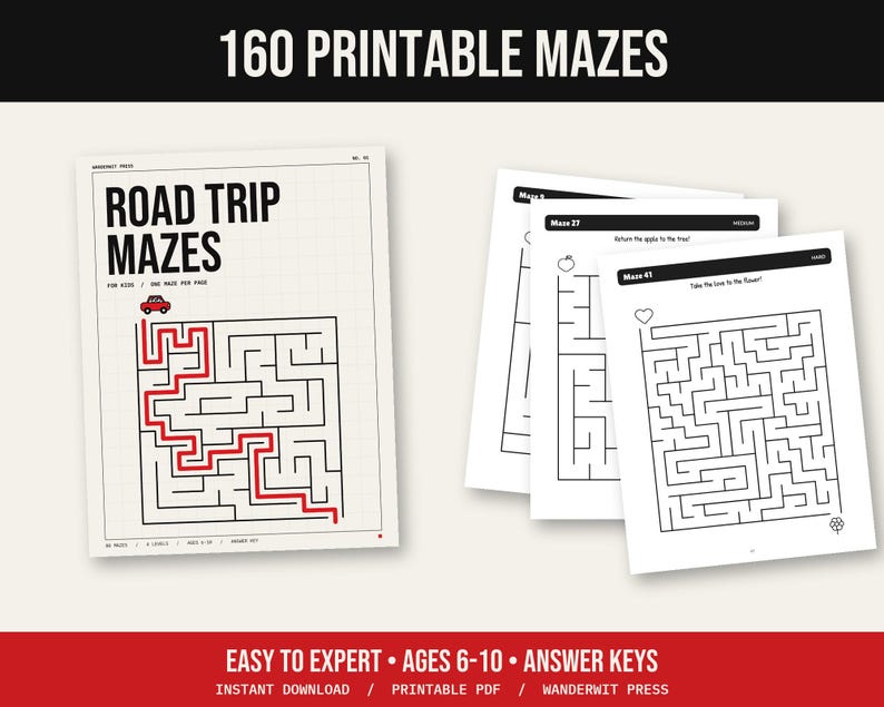Printable Mazes for Kids, 160 Mazes Easy to Hard, Kids Activity Pages, Homeschool Worksheets, Road Trip Activities, Instant Download PDF image 1