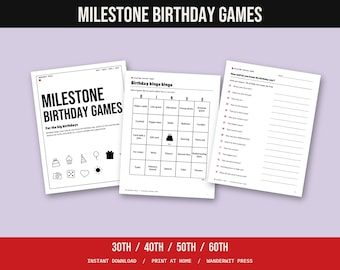 Adult Birthday Party Games Printable, 30th 40th 50th 60th Birthday, Birthday Bingo, Memory Jar, Advice Cards