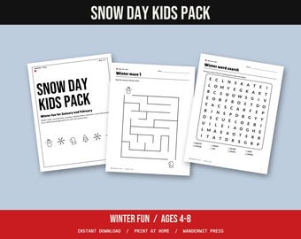 Winter Kids Activity Pack Printable, Snow Day Activities, Winter Mazes, Word Search, Coloring, Build a Snowman, Ages 4-8