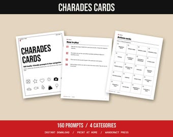 Charades Cards Printable, 160 Family Friendly Prompts, Actions Animals Jobs, Game Night, Kids and Adults, Party Game