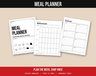 Meal Planner Printable, Weekly Menu Planner, Grocery List, Recipe Cards, Pantry Inventory, Family Dinner Planner, Undated