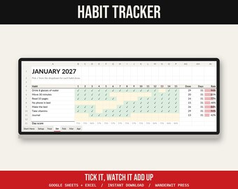 Kalkylblad med vanespårning, Google Sheets Excel, Daglig vanespårare 2027, Månatliga mål, Digital vanespårare, Rutin