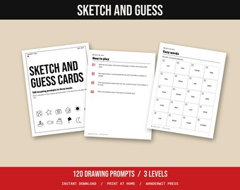 Drawing Game Word Cards Printable, Sketch and Guess, 120 Prompts, Easy Medium Hard, Family Game Night, Classroom Game