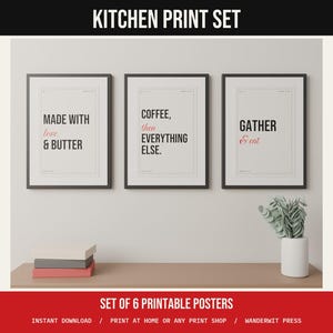 Kitchen Wall Art Set of 6, Funny Kitchen Quotes, Typography Prints, Coffee Sign, Lick the Spoon, Printable Kitchen Decor