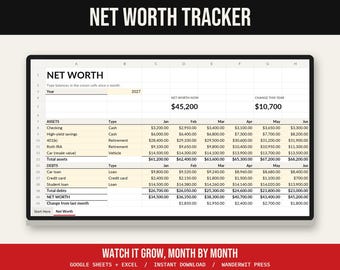 Kalkylblad för förmögenhetsspårning, Google Sheets Excel, Månatlig nettoförmögenhet, Tillgångar och skulder, Förmögenhetsspårning, Finansiell planerare