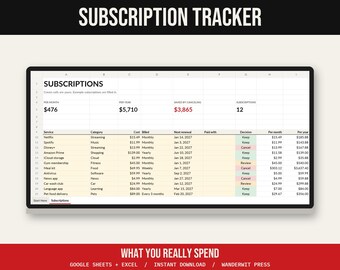 Kalkylblad för prenumerationsspårning, Google Sheets Excel, Månadslista för prenumerationer, Förnyelsespårare, Avbokningslista, Budget