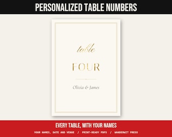 Personalized Wedding Table Numbers, Custom Table Number Cards With Names, Gold Foil, Arch or Minimal, Printable 5x7 4x6