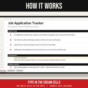 May include: A digital spreadsheet template titled Job Application Tracker with instructions on how to use it. The interface includes sections for How to Use, Colour Key, and Google Sheets, with tabs for Start Here, Applications, and Dashboard.