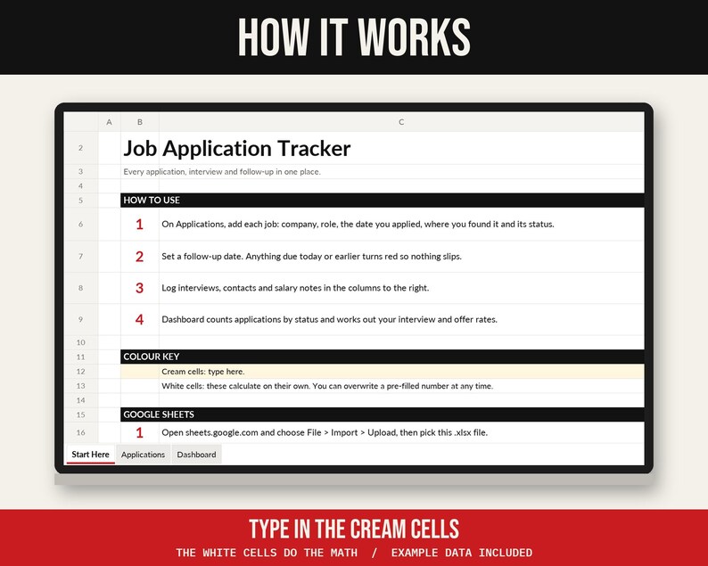 May include: A digital spreadsheet template titled Job Application Tracker with instructions on how to use it. The interface includes sections for How to Use, Colour Key, and Google Sheets, with tabs for Start Here, Applications, and Dashboard.
