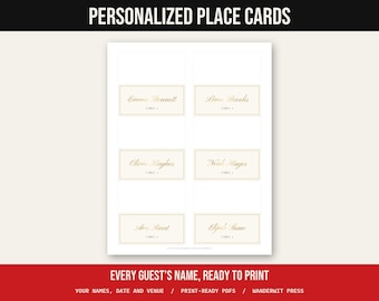 Personalized Wedding Place Cards From Your Guest List, Name Cards With Table Number, Gold Foil, Arch or Minimal, Printable