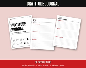 Gratitude Journal Printable, 30 Day Daily Gratitude Pages, Mindfulness Journal, Self Care Prompts, Positivity Journal